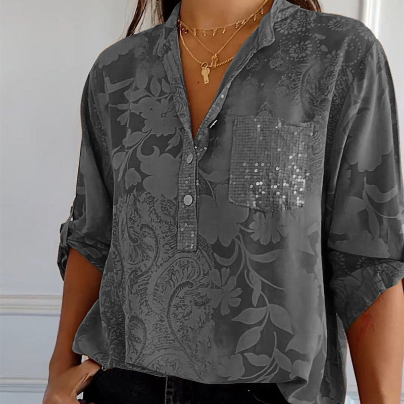 ??Limited Time Offer 49% OFF??Women's Casual Lapel Printed Top with Adjustable Sleeves