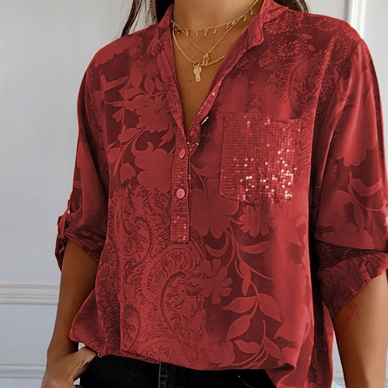 ??Limited Time Offer 49% OFF??Women's Casual Lapel Printed Top with Adjustable Sleeves