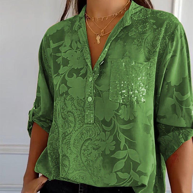 ??Limited Time Offer 49% OFF??Women's Casual Lapel Printed Top with Adjustable Sleeves