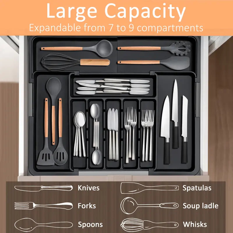 No More Wasted Drawer Space! Expandable silverware storage—stretches to fit big or small drawers. Keeps your silver utensils clean, organized, and ready to use. A must-have for tidy kitchens! 💥🍽️