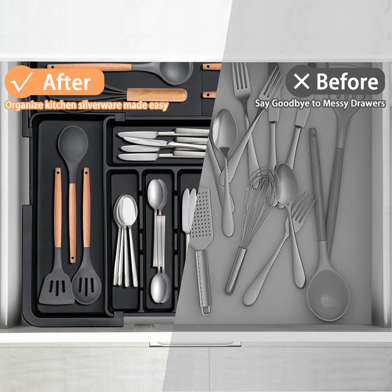 No More Wasted Drawer Space! Expandable silverware storage—stretches to fit big or small drawers. Keeps your silver utensils clean, organized, and ready to use. A must-have for tidy kitchens! 💥🍽️