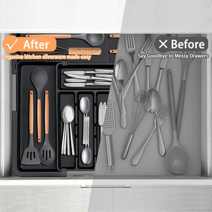 No More Wasted Drawer Space! Expandable silverware storage—stretches to fit big or small drawers. Keeps your silver utensils clean, organized, and ready to use. A must-have for tidy kitchens! 💥🍽️