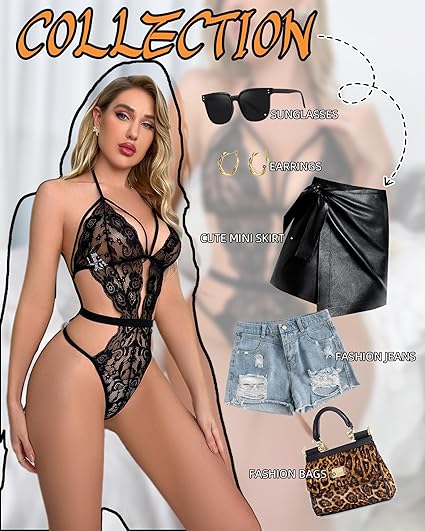🔥HOT SALE 42% OFF🔥Sexy Women One-Piece Lingerie Teddy Hollow Out Floral Lace Bodysuit Deep V Cut Out Babydoll