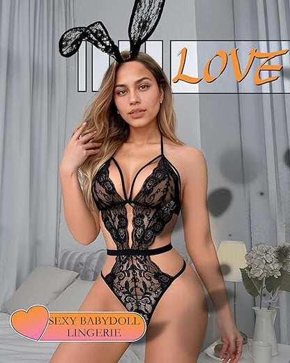 🔥HOT SALE 42% OFF🔥Sexy Women One-Piece Lingerie Teddy Hollow Out Floral Lace Bodysuit Deep V Cut Out Babydoll